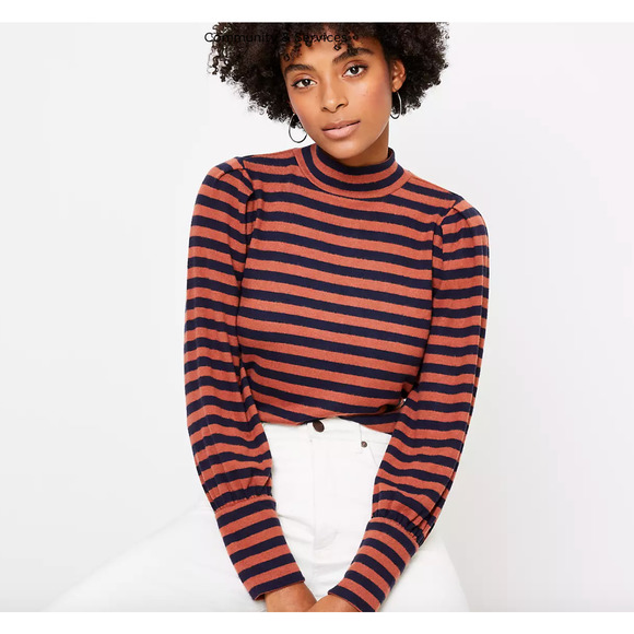 LOFT Tops - NWT Loft Rust/Brown & Navy Striped Soft Knit Mock Neck Top - SIZE LARGE